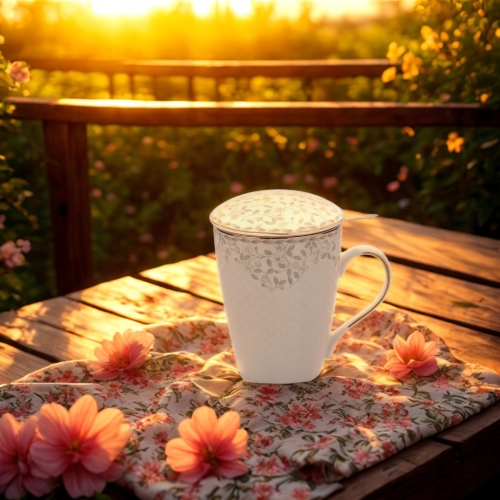 Porcelanowy Kubek 430 ml z Zaparzaczem i Pokrywką do HERBATY ZIÓŁ - LISTKI