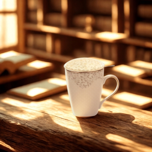 Porcelanowy Kubek 430 ml z Zaparzaczem i Pokrywką do HERBATY ZIÓŁ - LISTKI