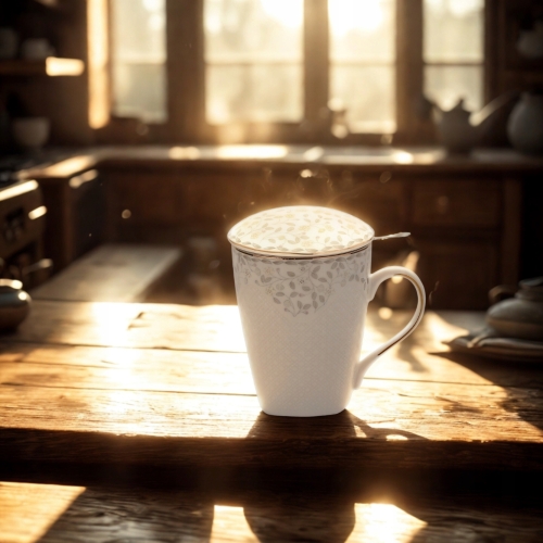 Porcelanowy Kubek 430 ml z Zaparzaczem i Pokrywką do HERBATY ZIÓŁ - LISTKI