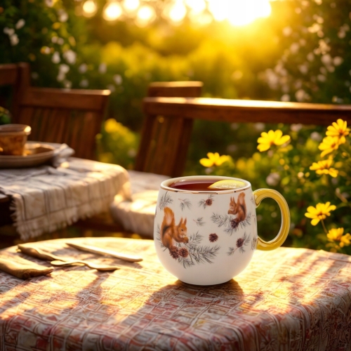 Duży PORCELANOWY Kubek baryłka 530 ml do KAWY HERBATY GRZAŃCA - Wiewiórki