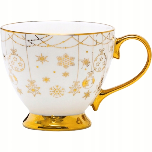 ŚWIĄTECZNY Porcelanowy Kubek Filiżanka do KAWY HERBATY 380 ml - BIAŁY ZŁOTY