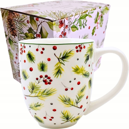 PORCELANOWY Kubek XXL 1000 ml do KAWY HERBATY na Święta - CHRISTMAS LEAVES
