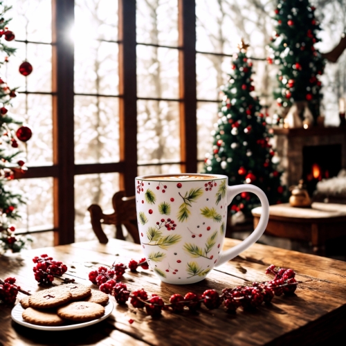 PORCELANOWY Kubek XXL 1000 ml do KAWY HERBATY na Święta - CHRISTMAS LEAVES