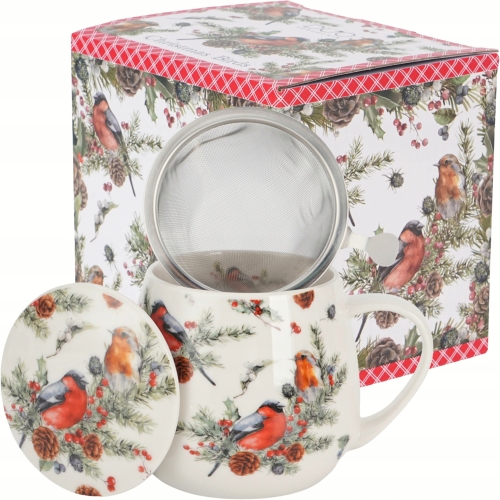 Kubek baryłka 430ml z Zaparzaczem do HERBATY ZIÓŁ na Święta CHRISTMAS BIRDS