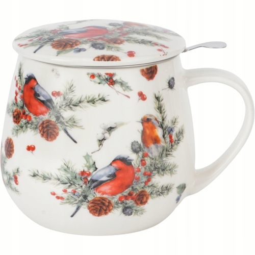 Kubek baryłka 430ml z Zaparzaczem do HERBATY ZIÓŁ na Święta CHRISTMAS BIRDS