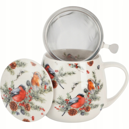 Kubek baryłka 430ml z Zaparzaczem do HERBATY ZIÓŁ na Święta CHRISTMAS BIRDS