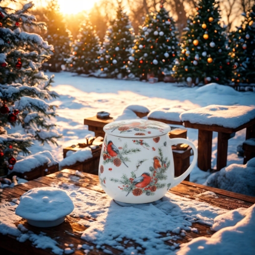 Kubek baryłka 430ml z Zaparzaczem do HERBATY ZIÓŁ na Święta CHRISTMAS BIRDS