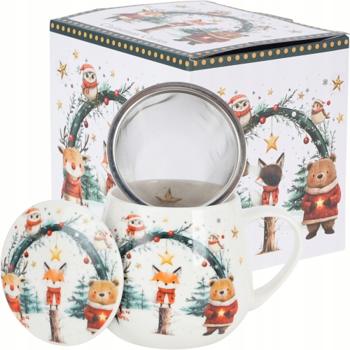 Kubek baryłka 430ml z Zaparzaczem do HERBATY ZIÓŁ - Święta CHRISTMAS CUTIES