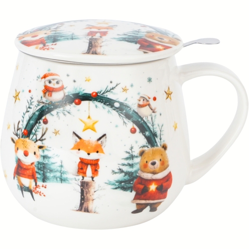 Kubek baryłka 430ml z Zaparzaczem do HERBATY ZIÓŁ - Święta CHRISTMAS CUTIES