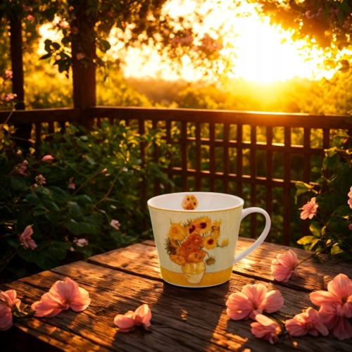 Duży PORCELANOWY Kubek XL 600 ml na KAWĘ HERBATĘ - SUNFLOWERS by Van Gogh