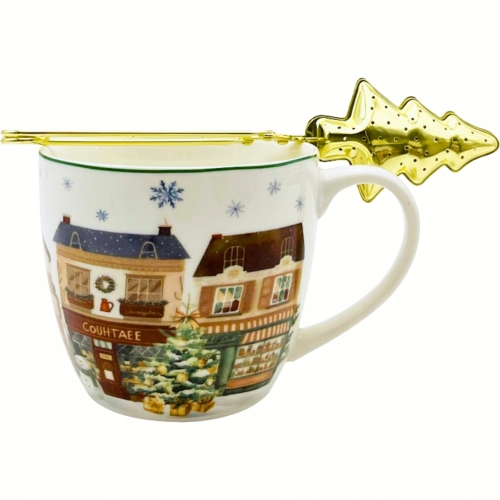 PORCELANOWY Kubek z metalowym zaparzaczem 460ml do HERBATY ZIÓŁ - na ŚWIĘTA