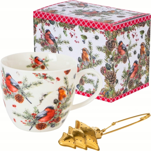 PORCELANOWY Kubek z metalowym zaparzaczem 460ml do HERBATY ZIÓŁ - na ŚWIĘTA
