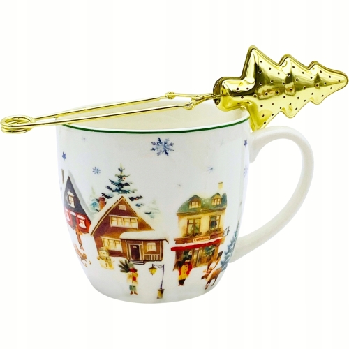 PORCELANOWY Kubek z metalowym zaparzaczem 460ml do HERBATY ZIÓŁ - na ŚWIĘTA