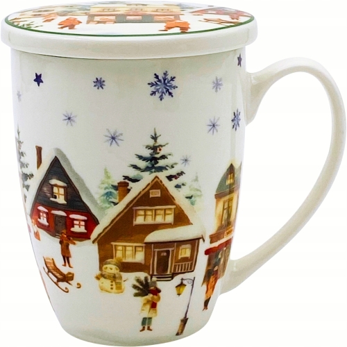 Porcelanowy Kubek 360 ml z Zaparzaczem do HERBATY ZIÓŁ - CHRISTMAS VILLAGE