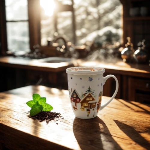 Porcelanowy Kubek 360 ml z Zaparzaczem do HERBATY ZIÓŁ - CHRISTMAS VILLAGE