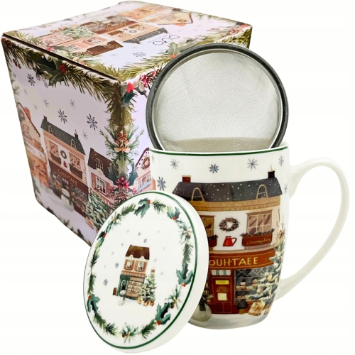Porcelanowy Kubek 360 ml z Zaparzaczem do HERBATY ZIÓŁ - CHRISTMAS CITY