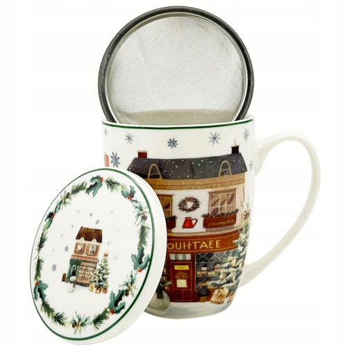 Porcelanowy Kubek 360 ml z Zaparzaczem do HERBATY ZIÓŁ - CHRISTMAS CITY