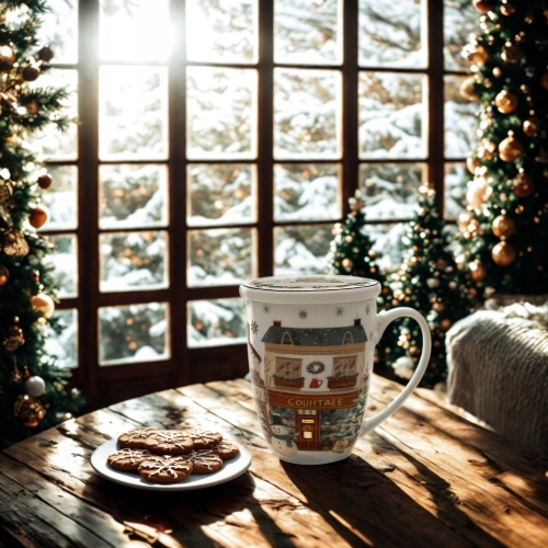 Porcelanowy Kubek 360 ml z Zaparzaczem do HERBATY ZIÓŁ - CHRISTMAS CITY