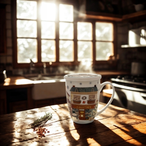 Porcelanowy Kubek 360 ml z Zaparzaczem do HERBATY ZIÓŁ - CHRISTMAS CITY