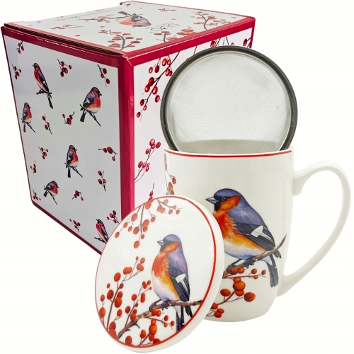 Porcelanowy Kubek 360 ml z Zaparzaczem do HERBATY ZIÓŁ - CHRISTMAS BIRDS
