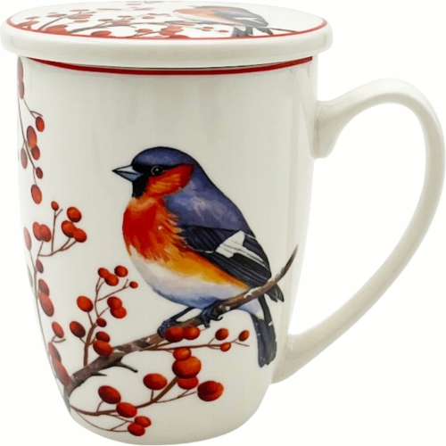 Porcelanowy Kubek 360 ml z Zaparzaczem do HERBATY ZIÓŁ - CHRISTMAS BIRDS