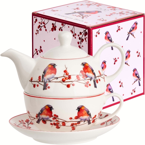 PREZENT Na Święta TEA FOR ONE Dzbanek 350 ml z filiżanką - CHRISTMAS BIRDS