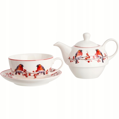 PREZENT Na Święta TEA FOR ONE Dzbanek 350 ml z filiżanką - CHRISTMAS BIRDS